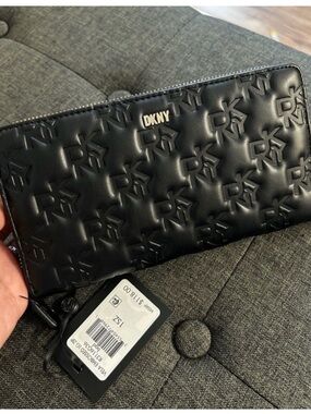 DKNY Vela Black Embossed Large Vegan Leather Zip-Around Wallet